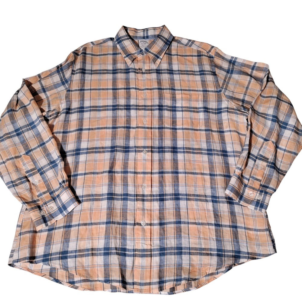 Brooks Brothers XL Regent Irish Linen Plaid Button Down Shirt Baird McNutt Peach